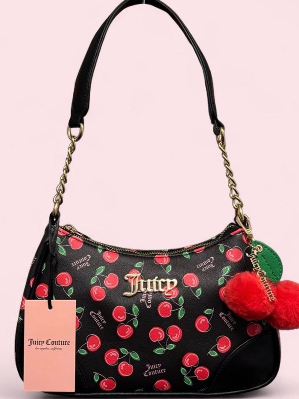Juicy Couture Black Cherry-Print Shoulder Bag with Red Charm